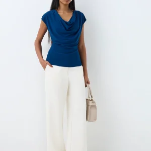 Dark Blue Cowl-Neck Top
