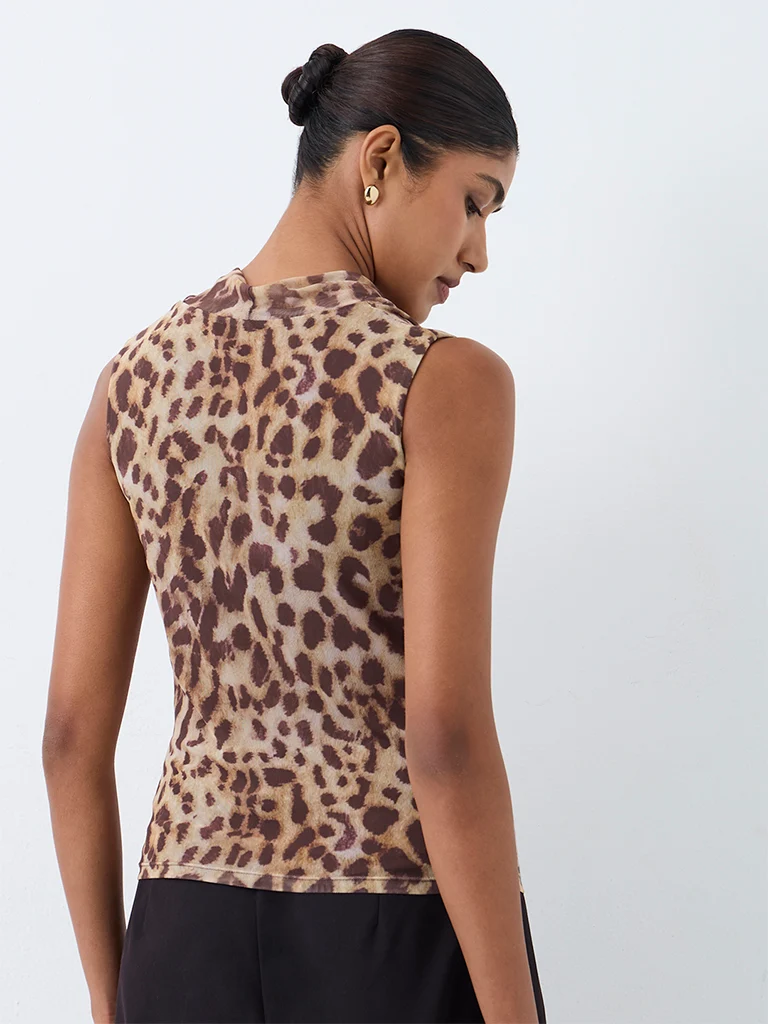 Wardrobe Beige Animal Printed Cowl-Neck Top - Image 4