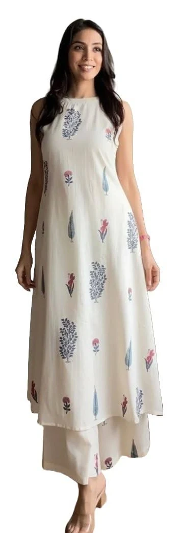 Women Pure Cotton Kurta Palazzo Set Sleeveless Printed Kurta with Palazzo Pants