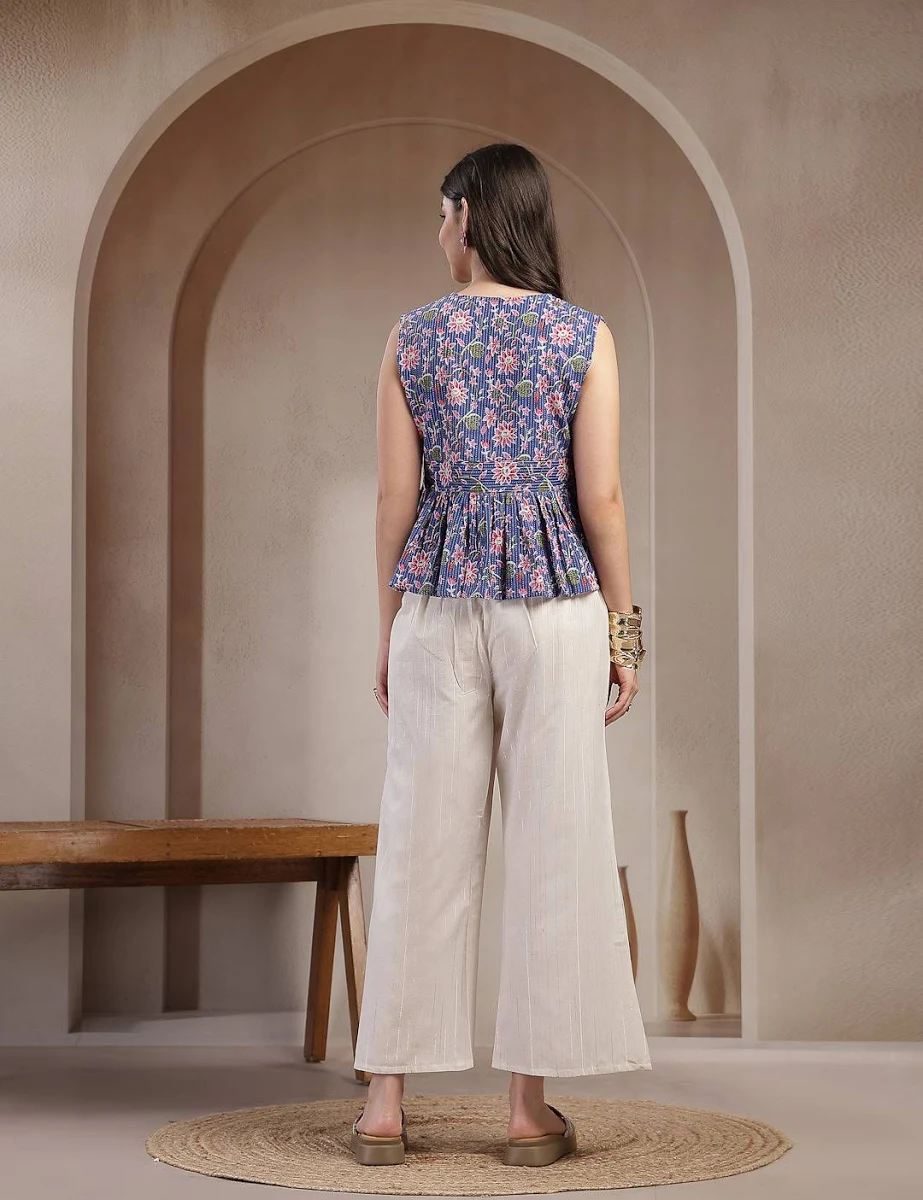 Women's Blue Floral Printed Katha Cotton Co-Ord Set - Image 3